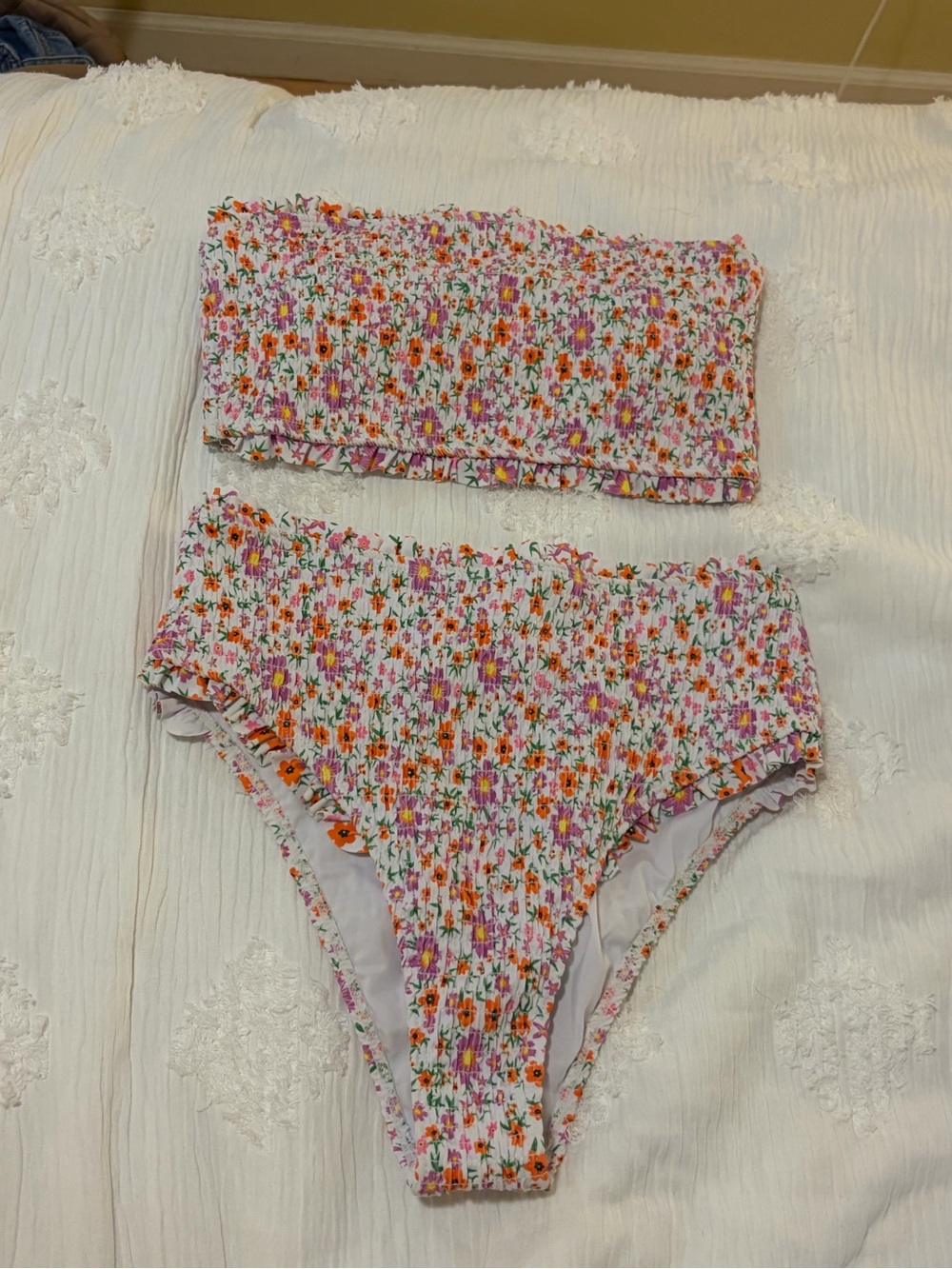 Floral Smocked Two-Piece Swim Set - White with Orange & Pink Flowers